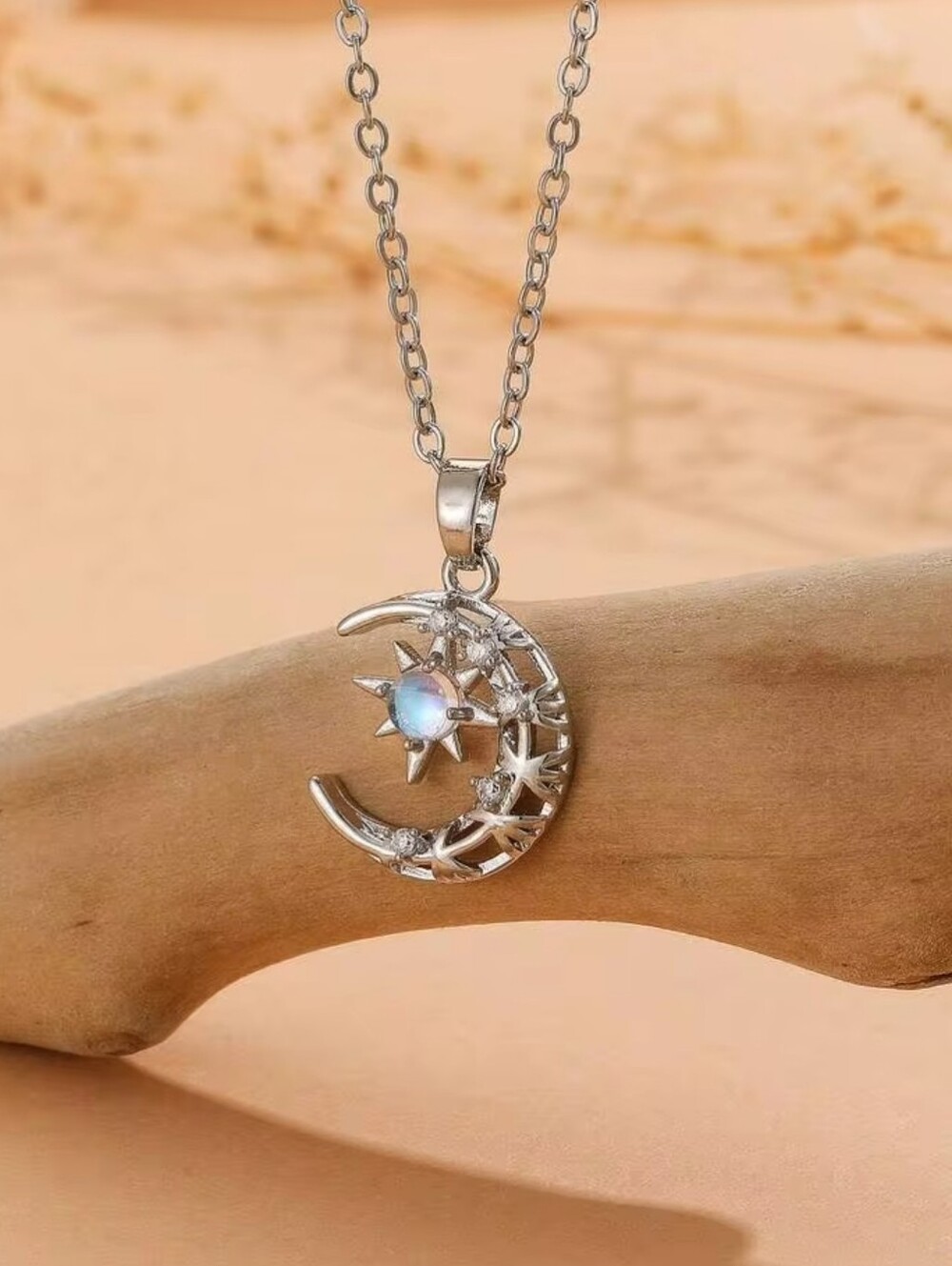 Stainless Steel Moon & Star Pendant Necklace